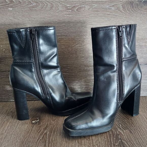 Vintage 90s George Black Square Toe Heel Platform Boot 5 - Picture 6 of 11